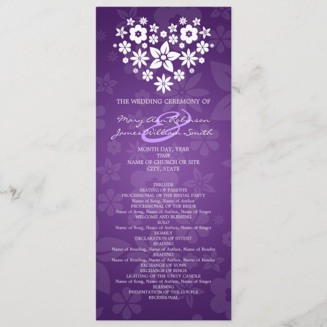 Elegant Wedding Program Flowery Heart Purple Programme (Front)