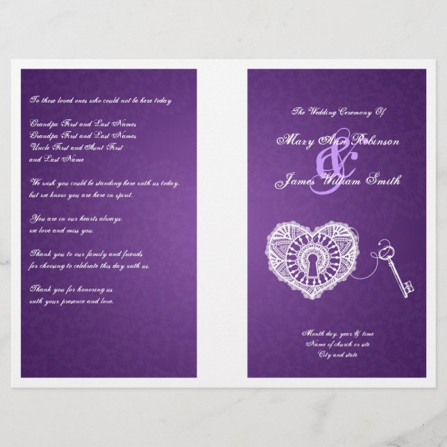 Elegant Wedding Program Key To My Heart Purple (Front)