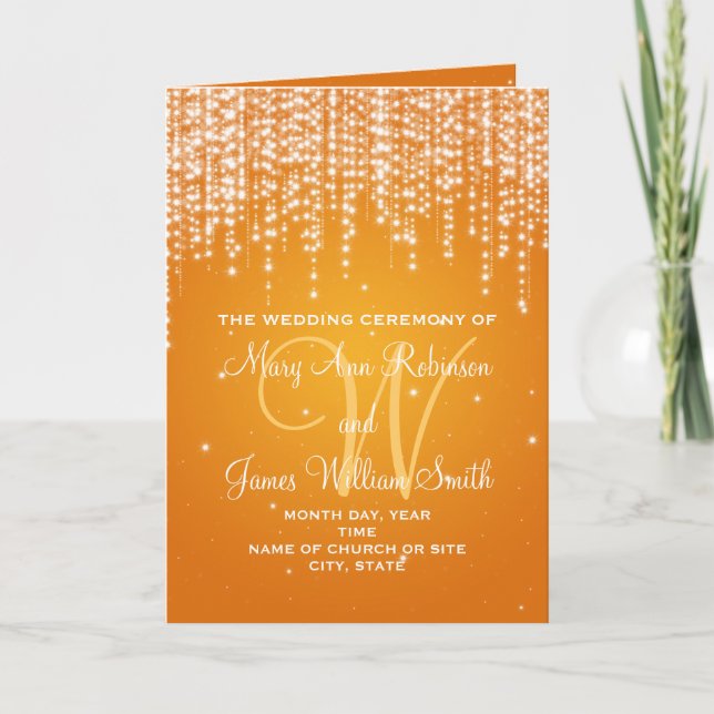 Elegant Wedding Program Night Dazzle Orange Programme (Front)