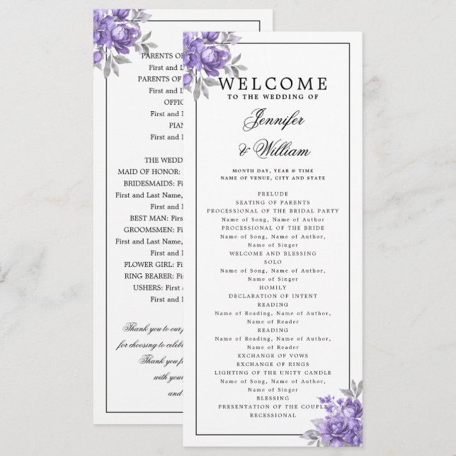 Elegant Wedding Program  Purple Rustic Floral Invitation (Front/Back)