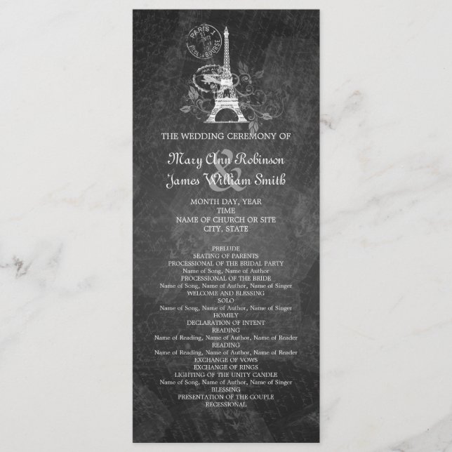 Elegant Wedding Program Romantic Paris Black Programme (Front)