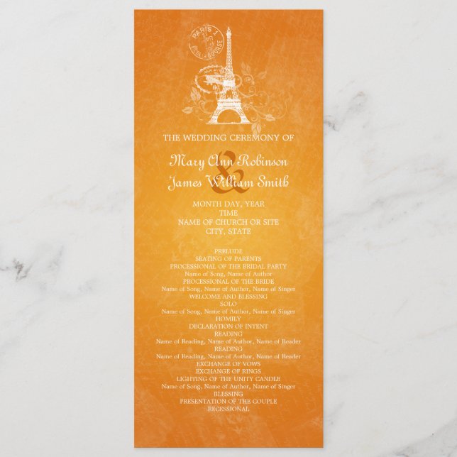 Elegant Wedding Program Romantic Paris Orange Programme (Front)