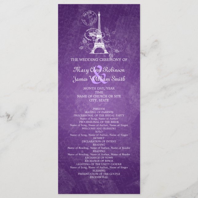 Elegant Wedding Program Romantic Paris Purple Programme (Front)