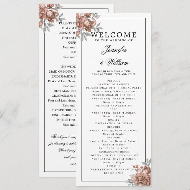Elegant Wedding Program  Rose Gold Rustic Floral Invitation (Front/Back)