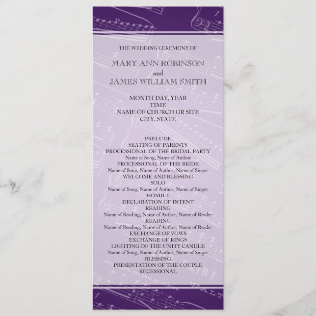 Elegant Wedding Program Sheet Music Purple Programme (Front)