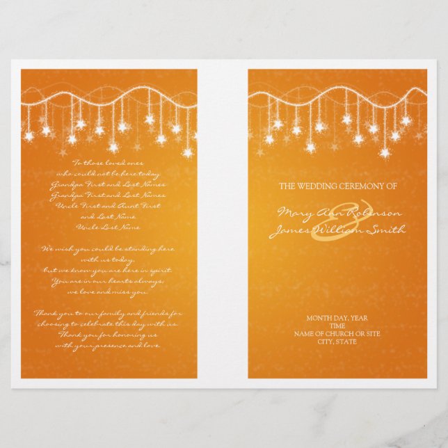 Elegant Wedding Program Shimmering Stars Orange (Front)