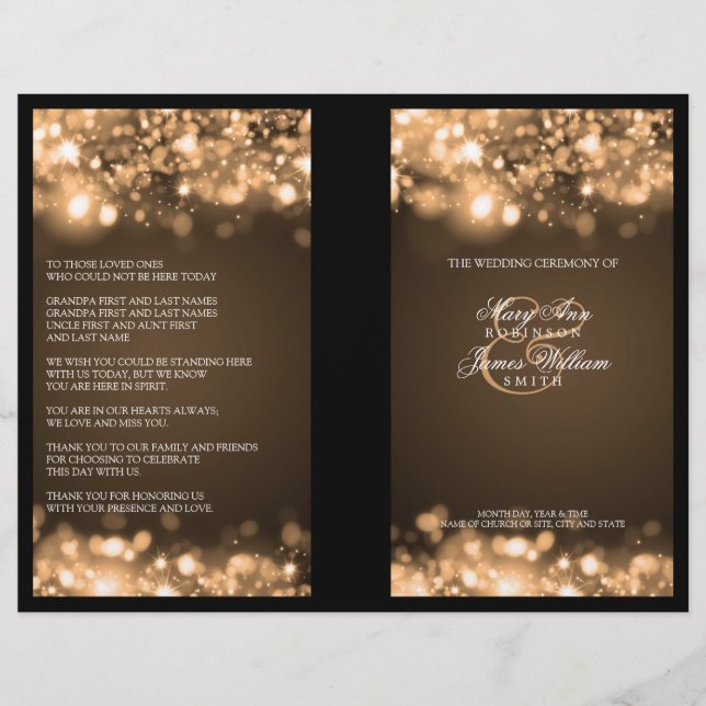 Elegant Wedding Program Sparkling Lights Gold (Front)