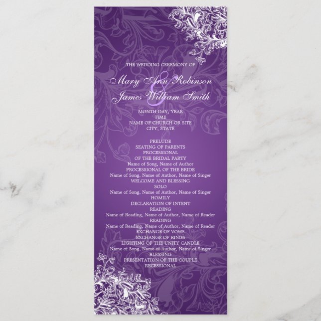 Elegant Wedding Program Vintage Swirls Purple Programme (Front)