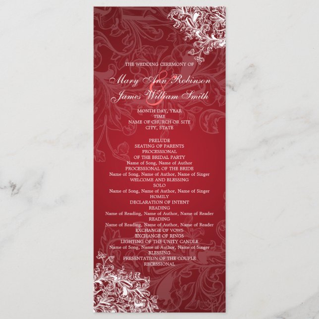 Elegant Wedding Program Vintage Swirls Red Programme (Front)