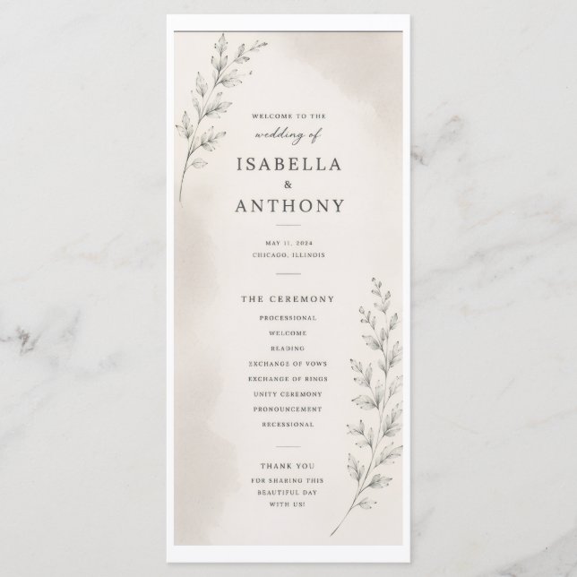 Elegant Wedding Program with Leaves Programme (Front)