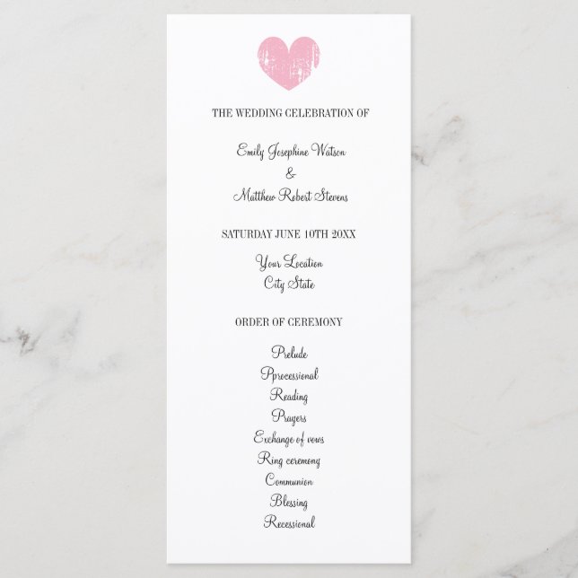 Elegant wedding program with rustic pink heart programme (Front)