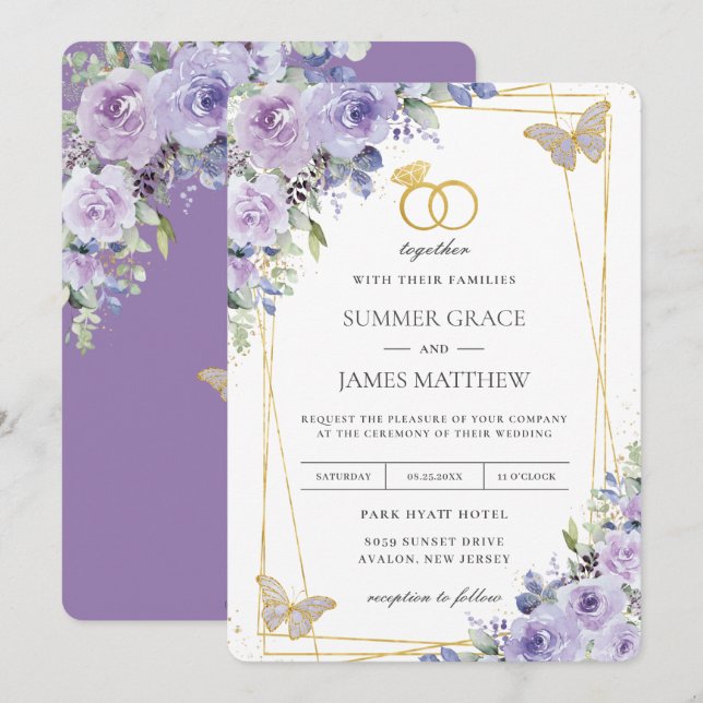 Elegant Wedding Purple Lilac Floral Butterflies Invitation (Front/Back)