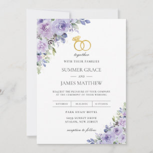 Elegant Wedding Purple Lilac Floral Gold Rings Invitation