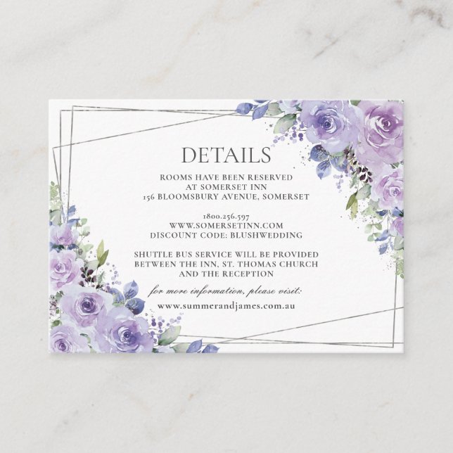 Elegant Wedding Purple Lilac Floral Silver Details Enclosure Card (Front)