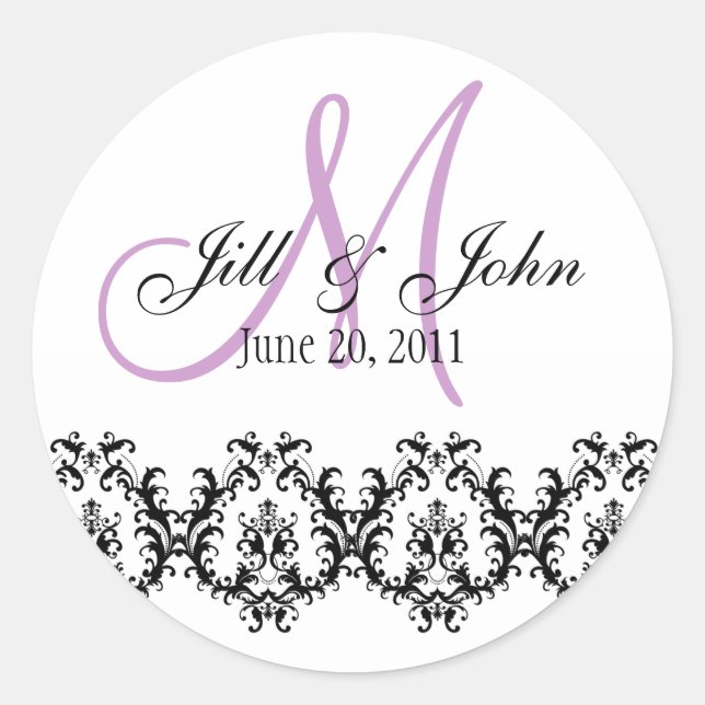 Elegant Wedding Purple Monogram Save the Date Classic Round Sticker (Front)