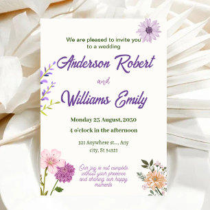 elegant Wedding  Purple Pink Flowers,Green Leaves Invitation