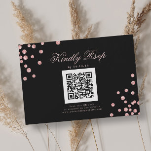 Elegant Wedding QR RSVP Rose Gold Confetti Black Card