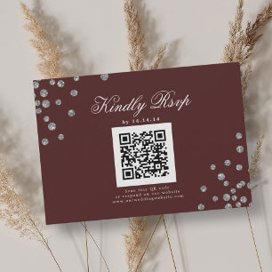Elegant Wedding QR RSVP Silver Confetti Burgundy  Card