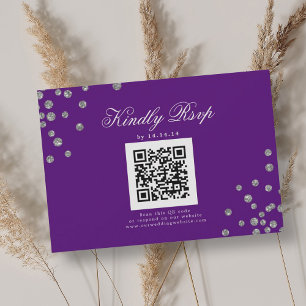 Elegant Wedding QR RSVP Silver Confetti Purple  Card