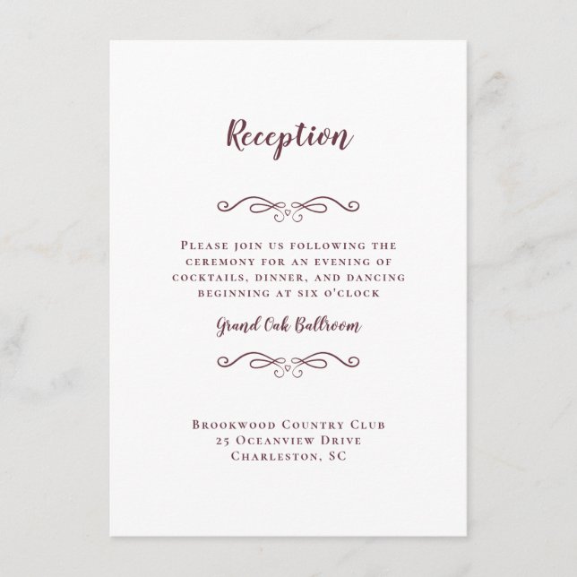 Elegant Wedding Reception Burgundy White Chic Enclosure Card (Front)
