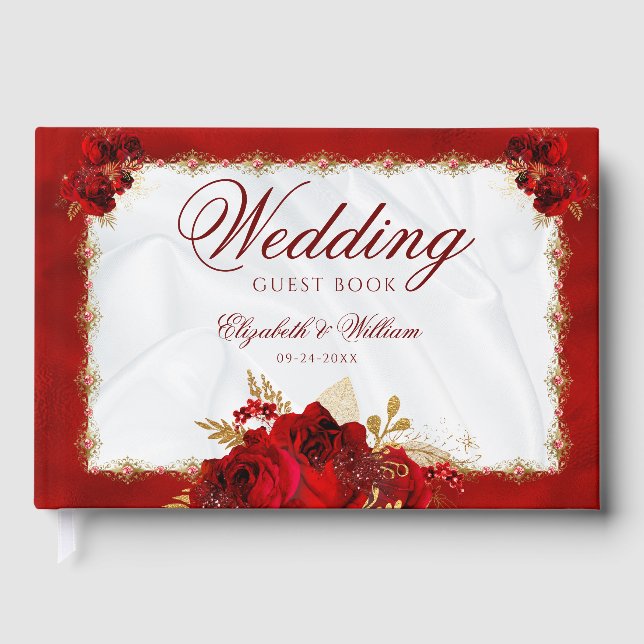 Elegant Wedding Red Gold White Floral Guest Book (Front)