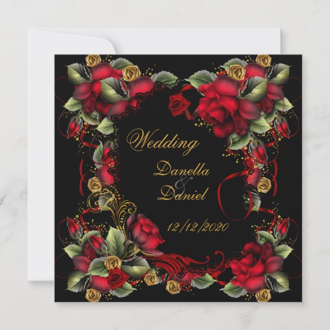 Elegant Wedding Red Roses Gold Black Invitation (Front)