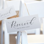 Elegant Wedding Reserved Sign to Hang on Chairs<br><div class="desc">Elegant, Soft Luxury Wedding Hanging Reserved Sign (Black): Hang these elegant wedding signs from chairs, or simply place flat on a chair seat. This wedding reserved sign features beautiful, soft typography in black and white. Change the colours and fonts to anything you like! Punch holes in the top on each...</div>