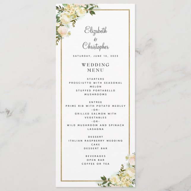 Elegant Wedding Rose Floral Gold Frame White Menu (Front)