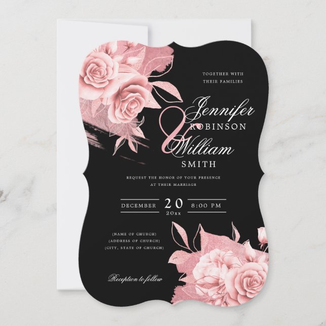 Elegant Wedding Rose Gold Floral & Foil Black  Invitation (Front)