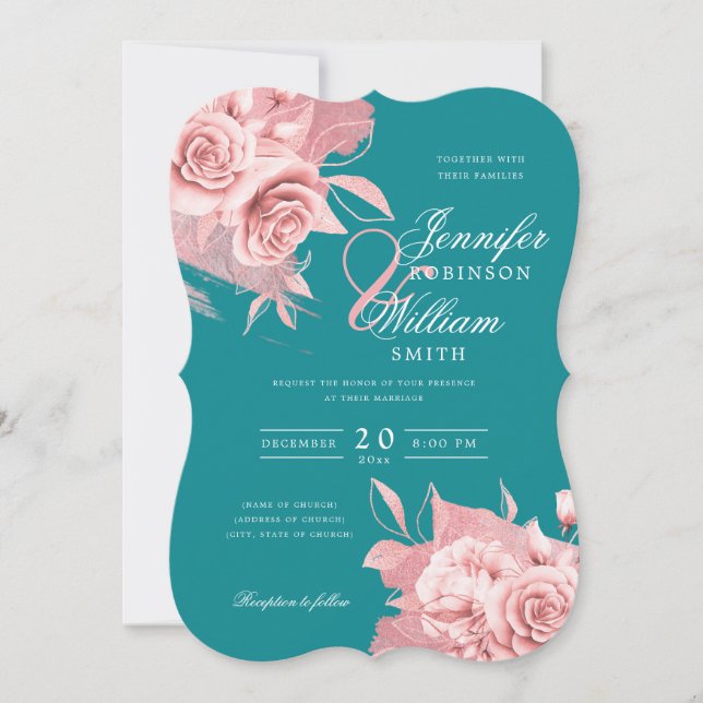 Elegant Wedding Rose Gold Floral & Foil Teal  Invitation (Front)