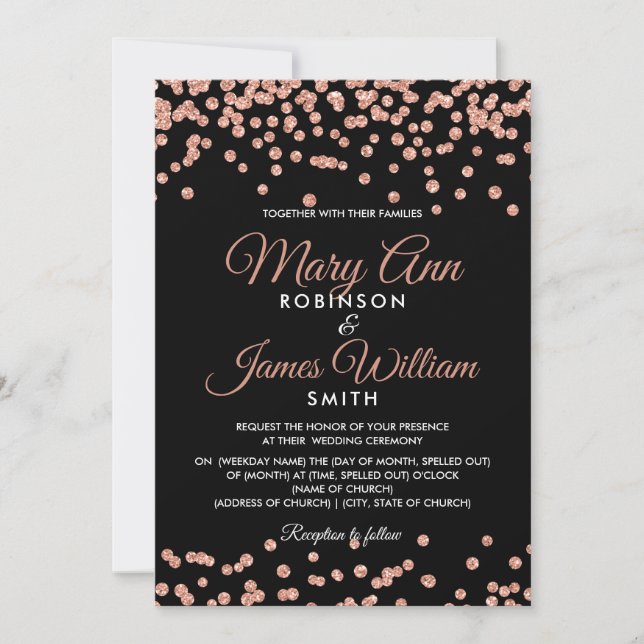 Elegant Wedding Rose Gold Glitter Confetti Black Invitation (Front)