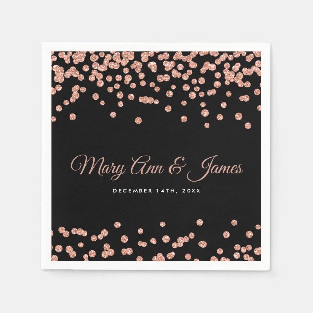 Elegant Wedding Rose Gold Glitter Confetti Black Napkin (Front)