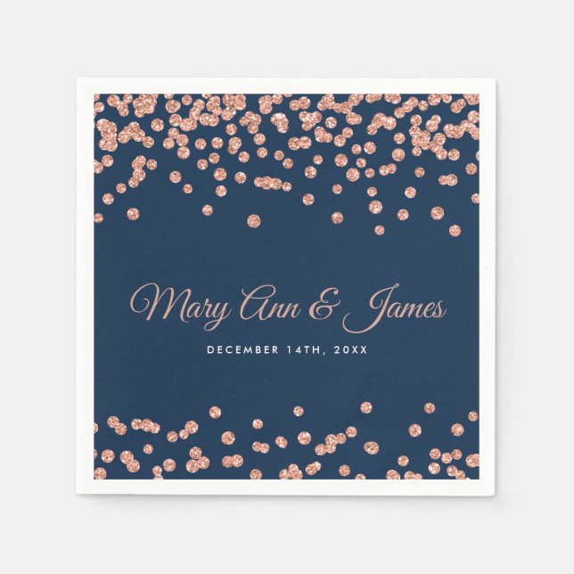 Elegant Wedding Rose Gold Glitter Confetti Navy Napkin (Front)
