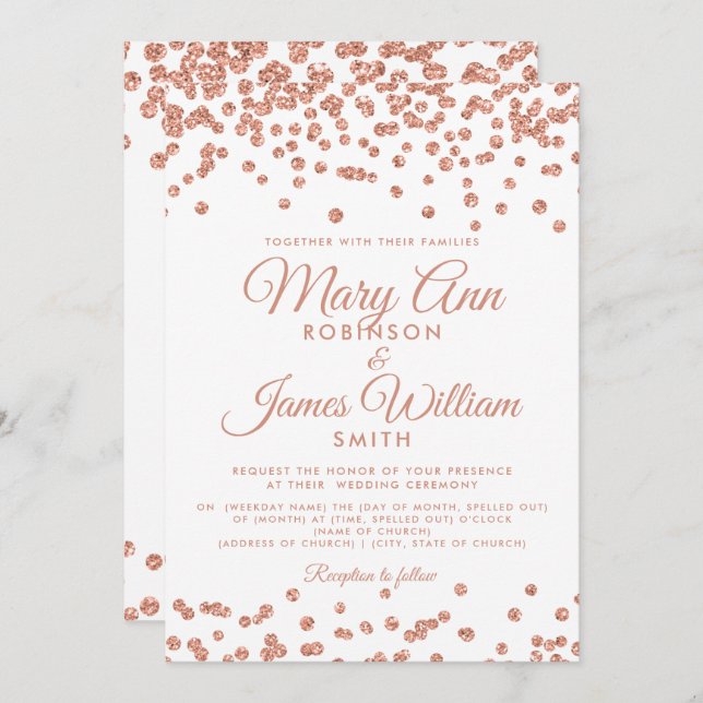 Elegant Wedding Rose Gold Glitter Confetti White Invitation (Front/Back)