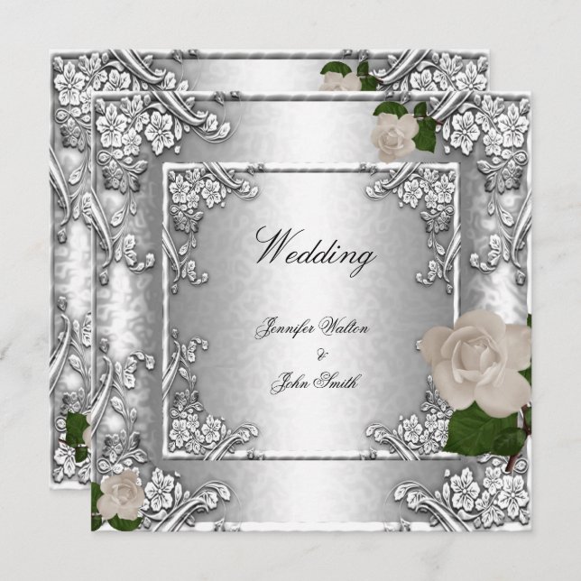 Elegant Wedding Rose Silver White 2 Invitation (Front/Back)