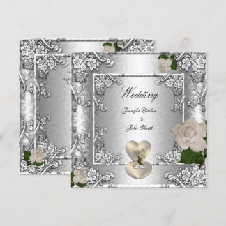 Elegant Wedding Rose Silver White Invitation