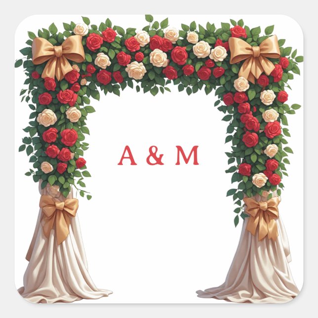 Elegant Wedding Roses Arch With Draped Fabric 🌸 Square Sticker (Front)