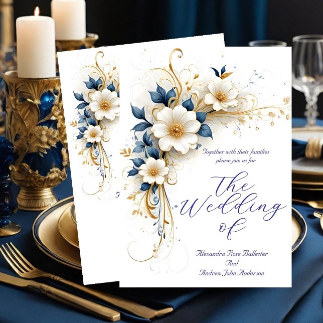 Elegant Wedding Royal Blue White Gold Flowers Invitation (Creator Uploaded)