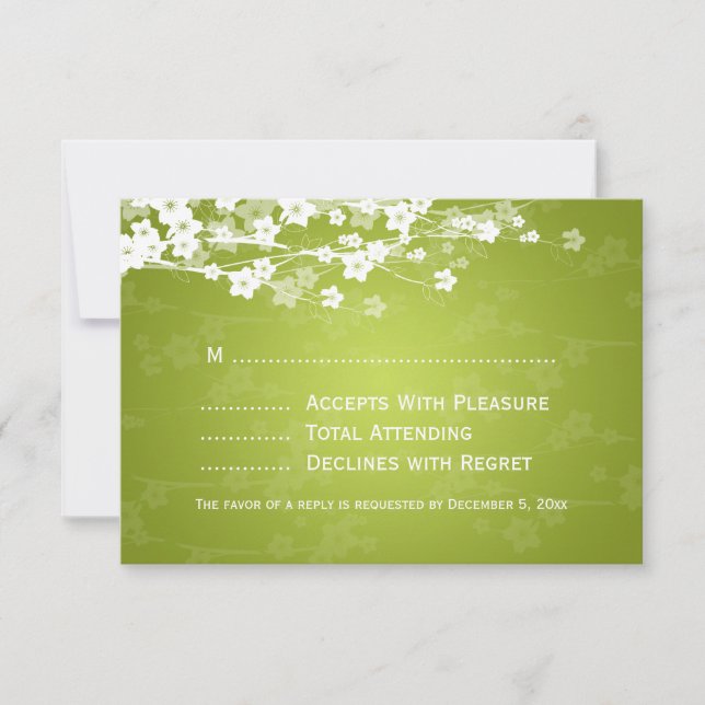 Elegant Wedding RSVP Cherry Blossom Lime Green Card (Front)