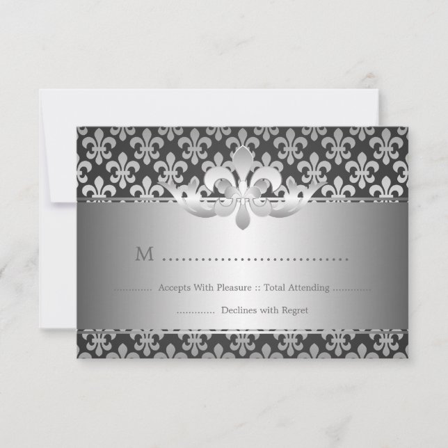 Elegant Wedding RSVP Fleur De Lis Black Card (Front)