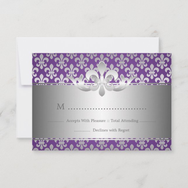 Elegant Wedding RSVP Fleur De Lis Purple Card (Front)