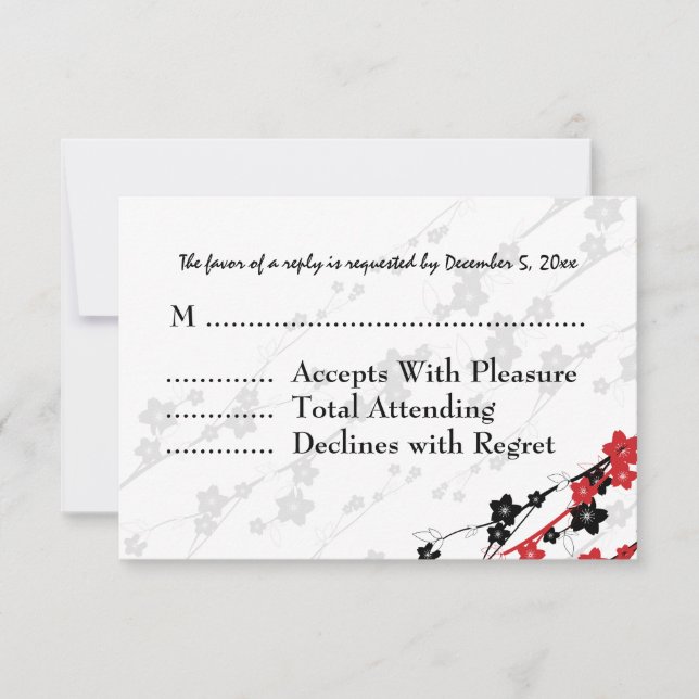 Elegant Wedding RSVP Japanese Flowers Red Card (Front)