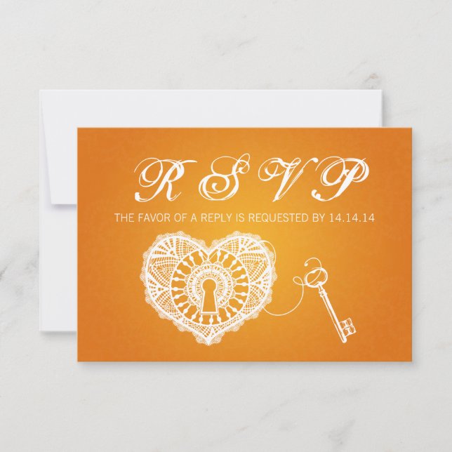 Elegant Wedding RSVP Key To My Heart Orange Card (Front)
