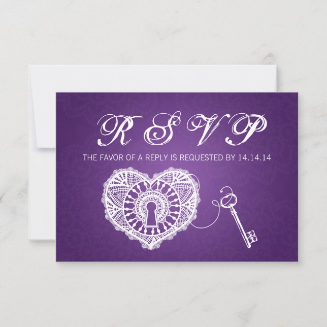 Elegant Wedding RSVP Key To My Heart Purple Card (Front)