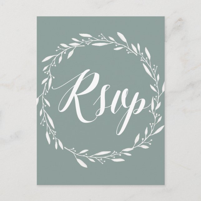 Elegant Wedding RSVP Postcards Sage Wreath (Front)