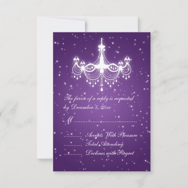 Elegant Wedding RSVP Sparkling Chandelier Purple Card (Front)