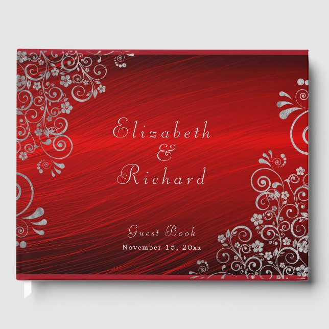 Elegant Wedding Ruby Red Silver Grey Swirls Script Guest Book (Front)