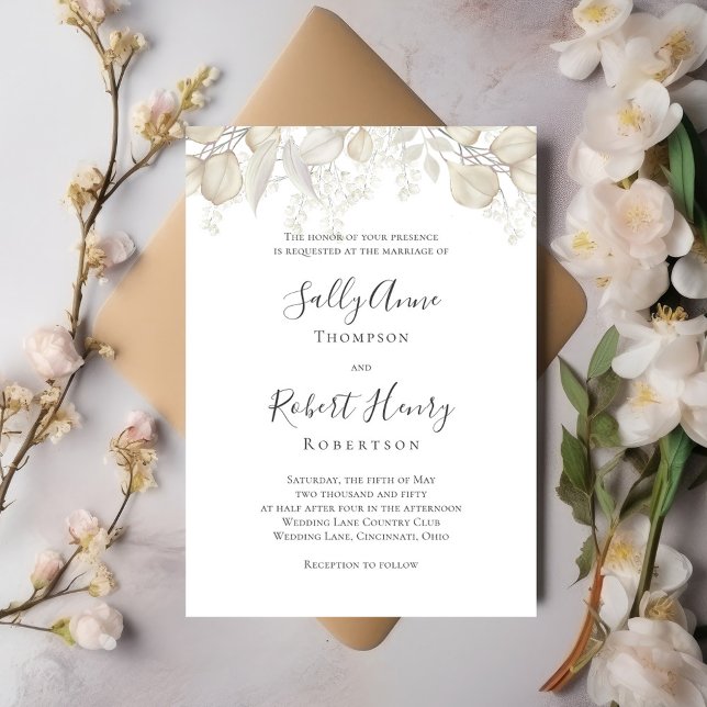 Elegant Wedding Sage Green Foliage Custom Invitation (Simple and elegant sage green and cream foliage wedding invitation.)