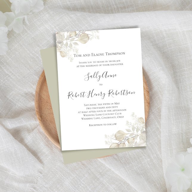 Elegant Wedding Sage Greenery Script  Invitation (Simple and elegant sage green and cream foliage wedding invitation.)