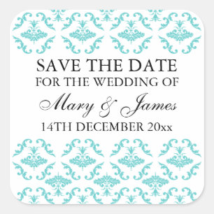 Elegant Wedding Save The Date Blue Damask Square Sticker